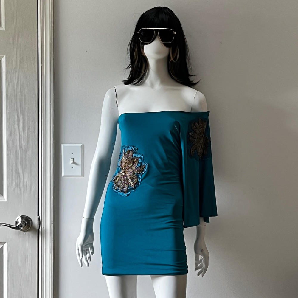 Y2K Teal One Shoulder Mini Dress Beaded Floral Applique Asymmetric Bodycon M